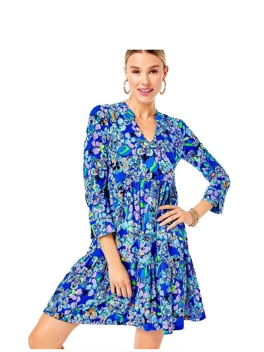 NWT Lilly Pulitzer Size M Blue Grotto Twilight Tropics ALAINA DRESS 3/4 Sleeve